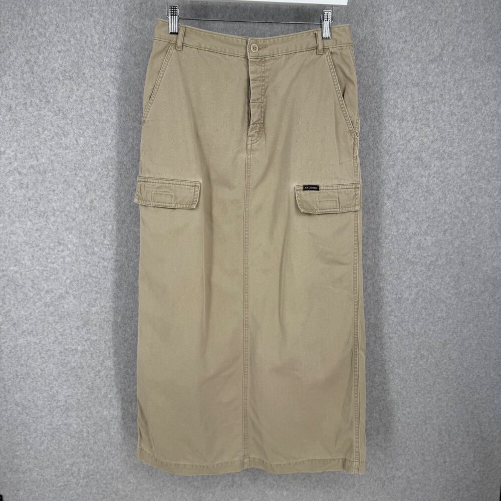 Calvin Klein Womens VTG 90s Cargo Maxi Skirt Size 7 Tan Khaki Logo Patch Grunge